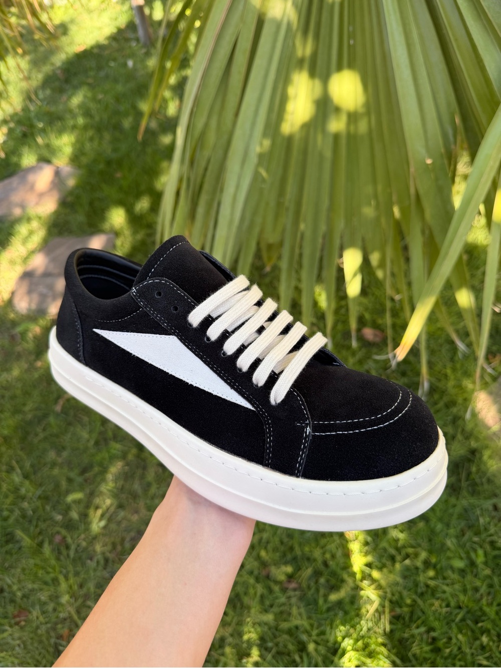 Rick Owens Black Suede Sneakers with White Side Chevron